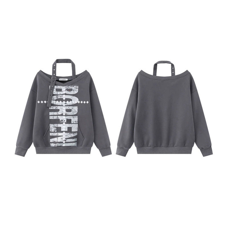 Damen Baumwoll-Mix Pullover mit abnehmbarem Nackenriemen, Kängurutasche und distressed Logoprint Drune