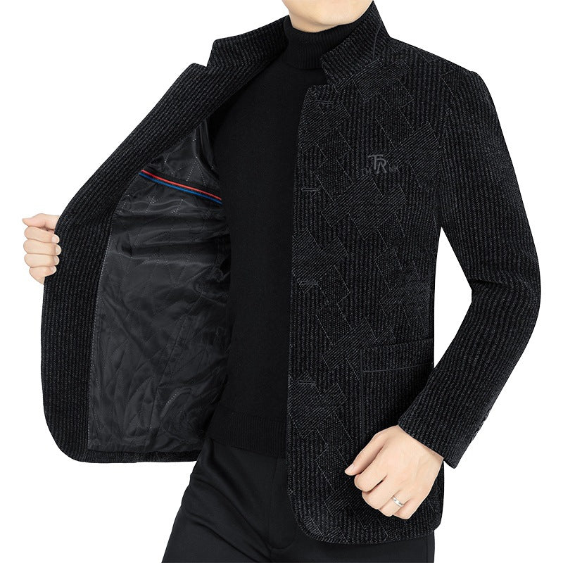 Herren Moderner Stehkragen-Blazer im Bouclé-Look mit feiner geometrischer Struktur Drune