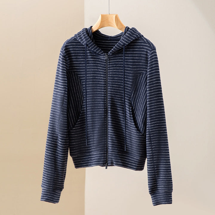 Damen Gestreifte Kapuzen-Zip-Strickjacke mit Eingrifftaschen und schmalem Rippbündchen Drune