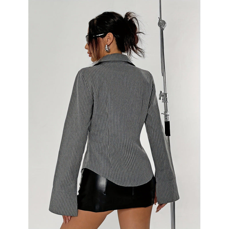Damen Elegante Hemdbluse mit gestreiftem Design und weit ausgestellten Ärmeln Drune