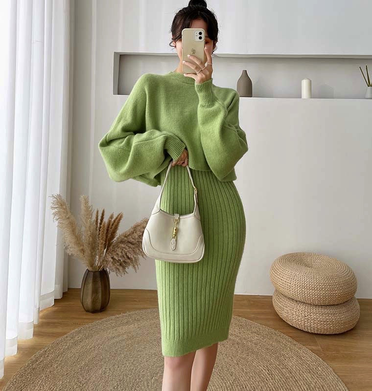 Damen elegante Strickkleid mit Ribstruktur und voluminösen Ärmeln Drune