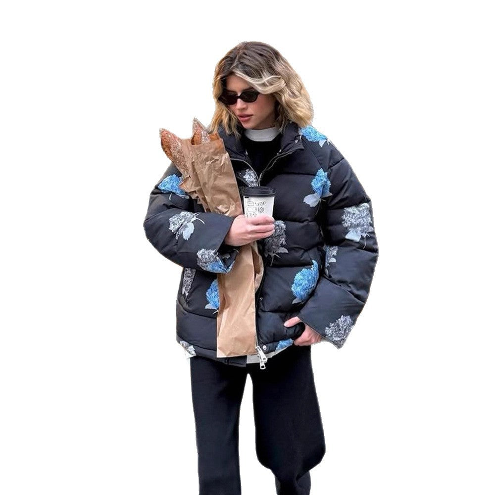 Damen Gepolsterte Oversize-Steppjacke mit Blumenprint und Kapuze Drune