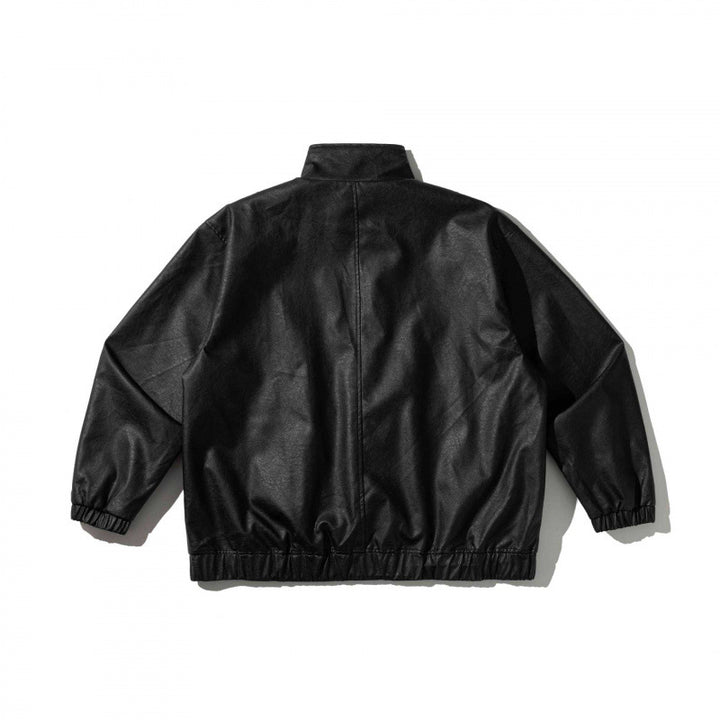 Unisex Boxy-Kurzjacke aus veganem Leder mit hohem Kragen, Knebel-Front und elastischem Saum Drune