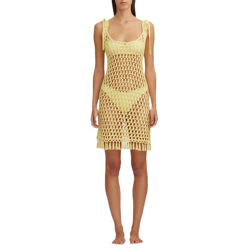 Damen transparenter Häkel-Strandüberwurf mit fransen Drune