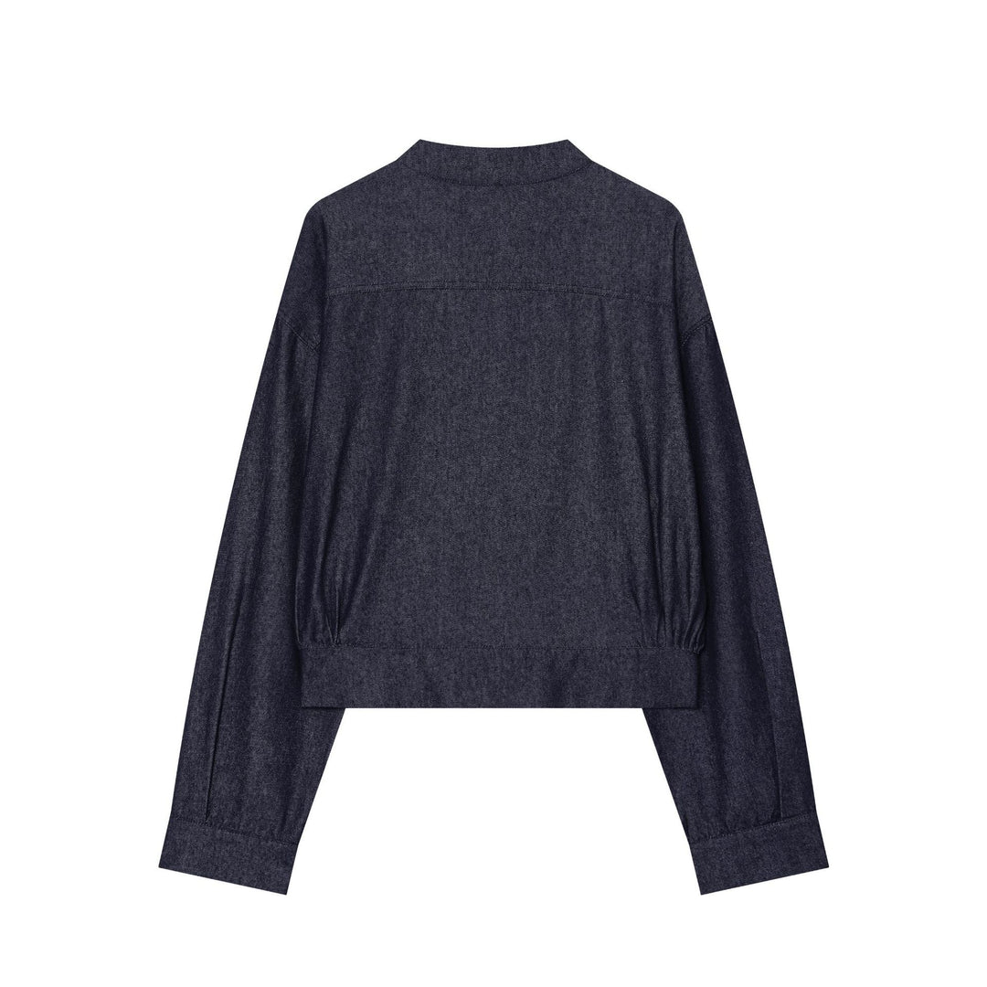 Damen Cropped Jeansjacke mit Stehkragen und chinesischen Knebelverschlüssen Drune