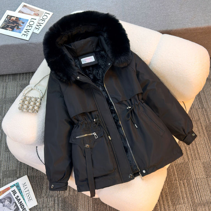 Damen nan kurze gefütterte Parka mit Kunstpelzkragen Teddyfutter Taillenzug und Multifunktions-Taschen Drune