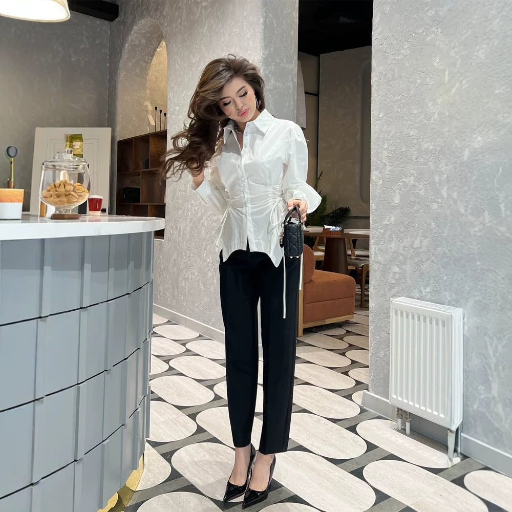 Damen Taillierte Hemdbluse mit Kordelzug‑Taille & extra langen Manschetten Drune