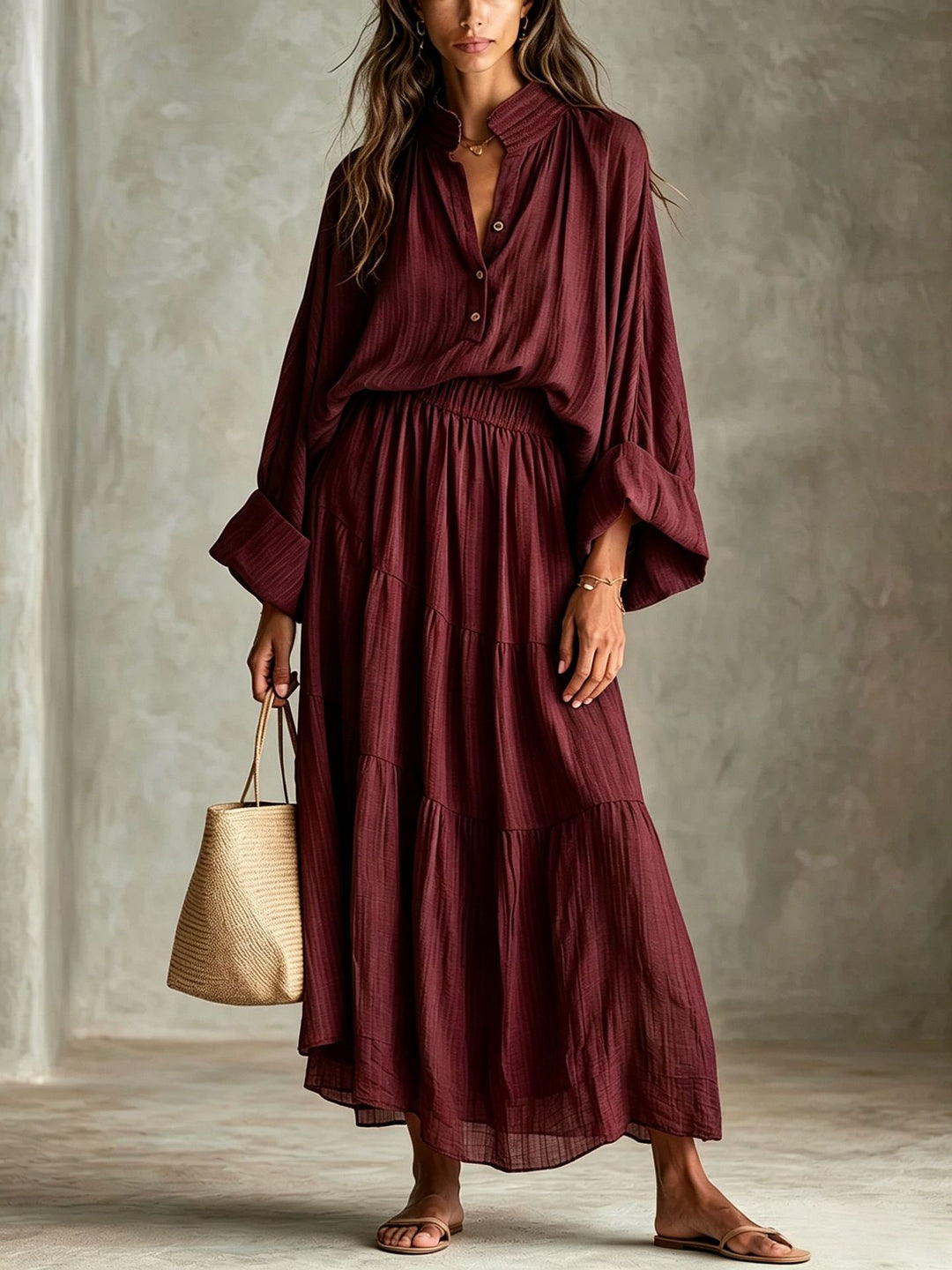 Damen Maxikleid mit geraffter Taille, Stehkragen und voluminösen Ballonärmeln Drune