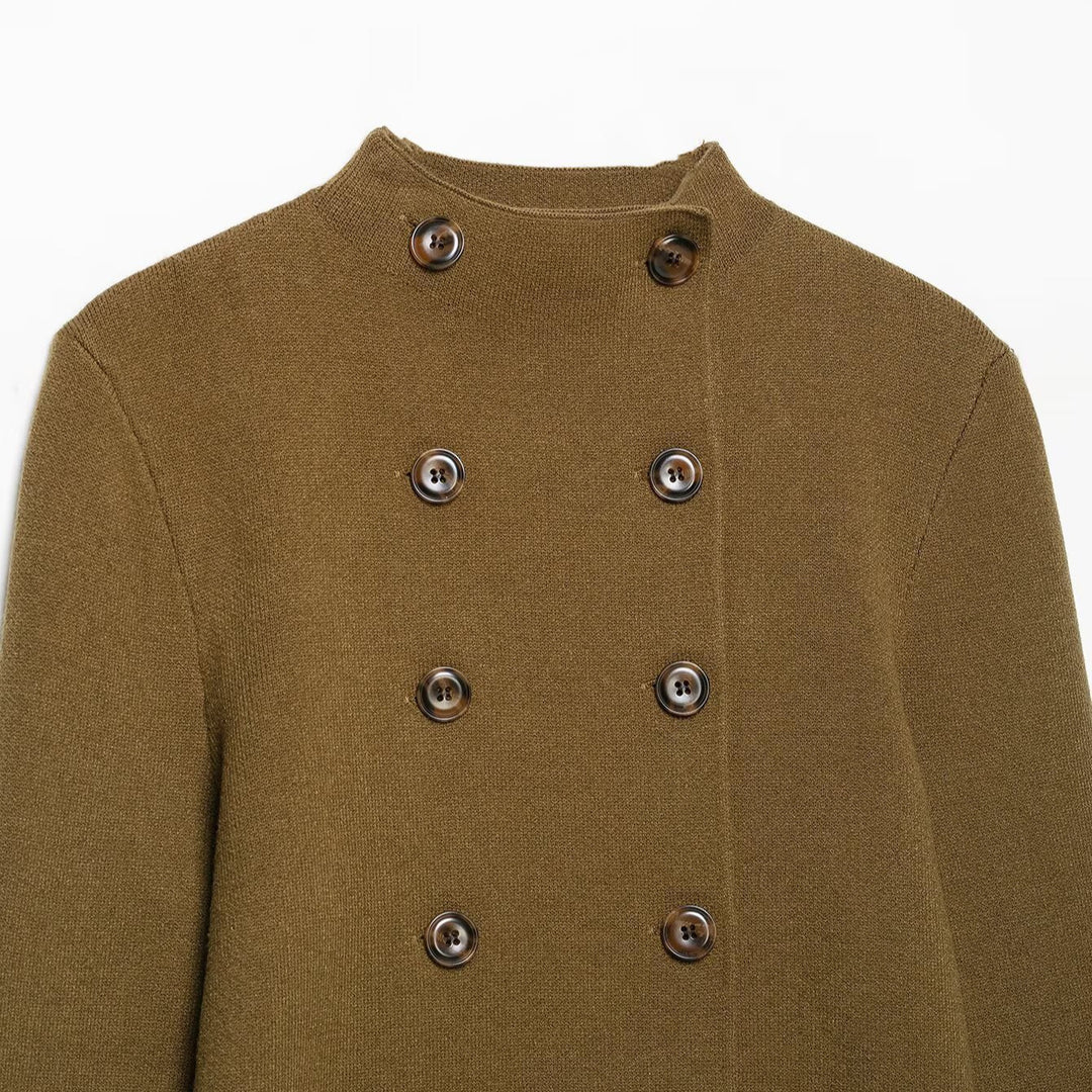 Damen Doppelreihige Cropped Strickjacke mit Stehkragen Drune
