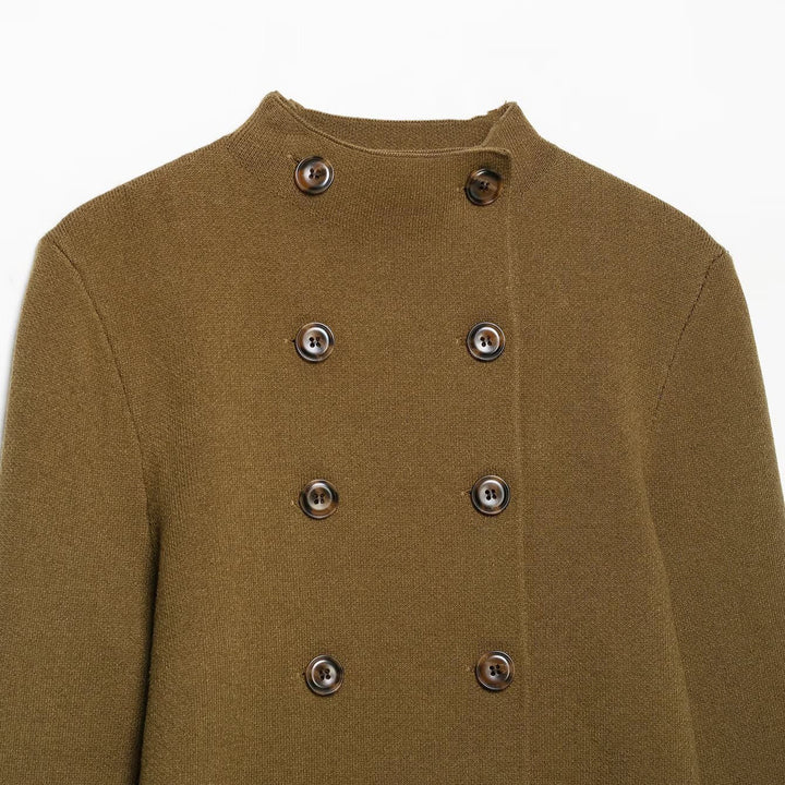 Damen Doppelreihige Cropped Strickjacke mit Stehkragen Drune