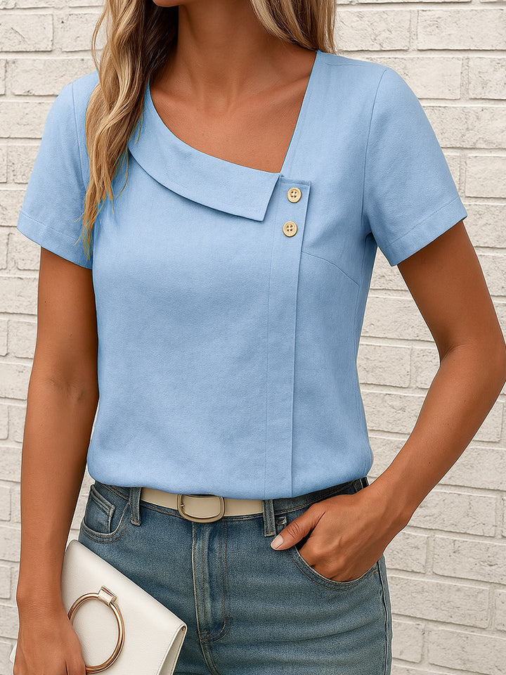 Damen Modisches Oberteil mit asymmetrischem Kragen und Knopfdetail Drune