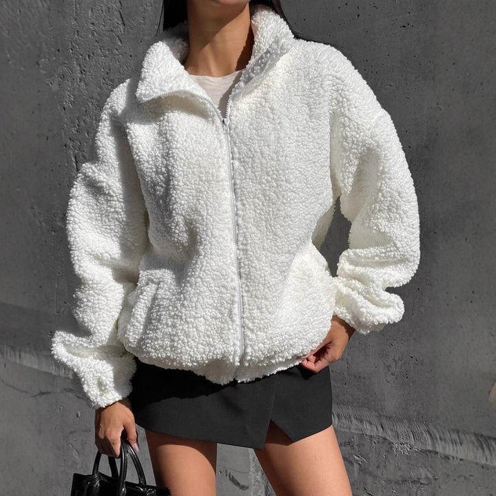 Damen Teddyjacke mit hohem Kragen und voluminösen Ärmeln Drune