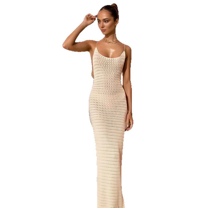 Damen Elegantes Strick-Maxikleid mit transparente Lochmuster Drune