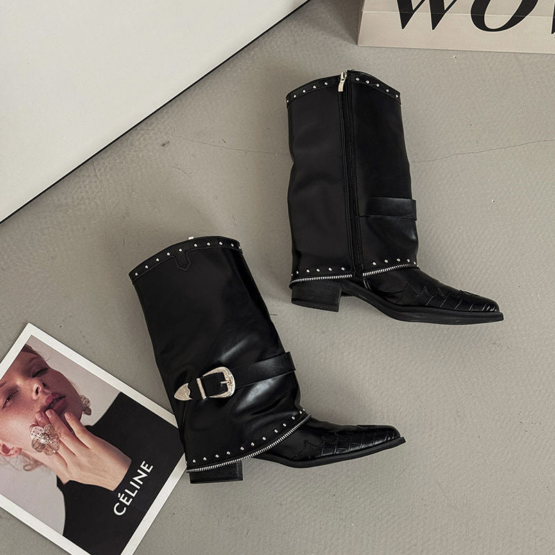 Damen Biker‑Western Midcalf‑Stiefel mit Ziernieten, Schnallenriemen und geprägter Zehenkappe Drune