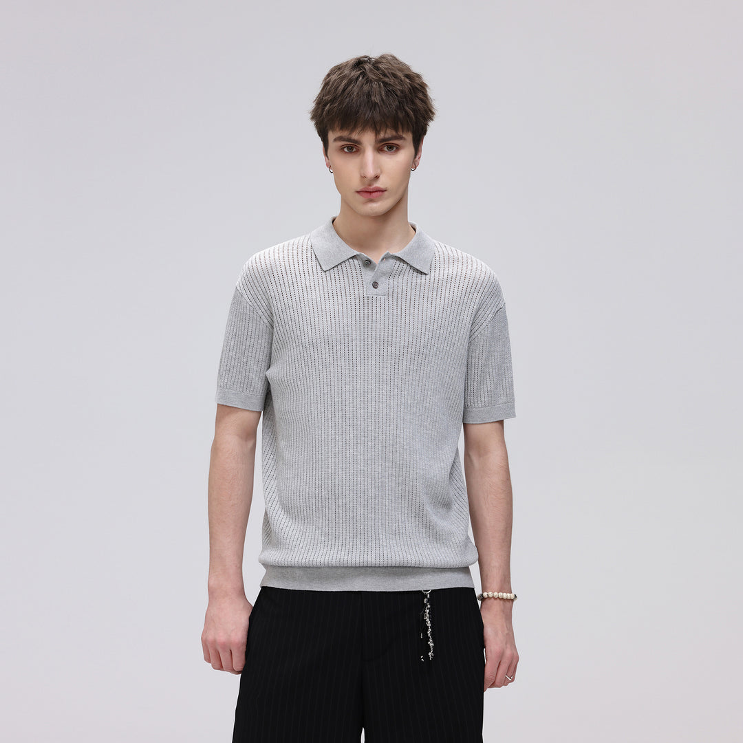 Herren Kurzarm-Feinstrick-Poloshirt mit Strukturstrick und luftiger Perforation Drune