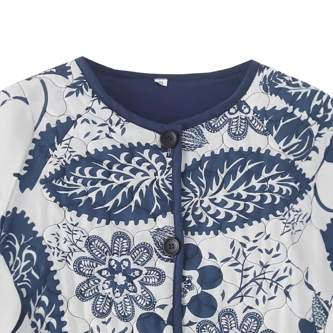 Damen nan gesteppte Steppjacke mit floralem Patchwork-Print, runder Knopfleiste und gerundetem Saum Drune