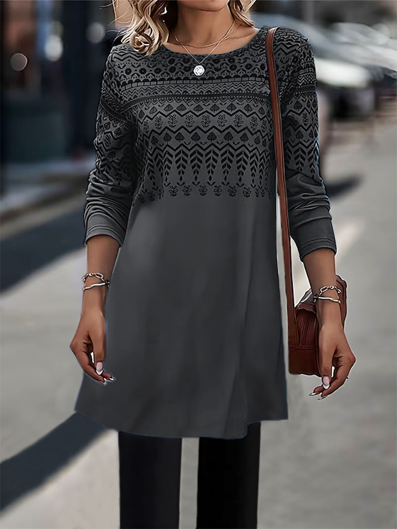 Frauen Longline Tunika Kleid mit Ethno Druck und Rundhalsausschnitt Drune