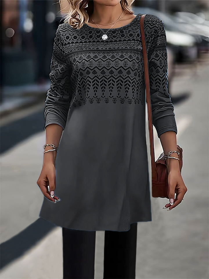 Frauen Longline Tunika Kleid mit Ethno Druck und Rundhalsausschnitt Drune