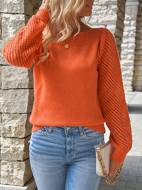 Damen nan feiner Strickpullover mit Ajour- Puffärmeln und U-Boot-Ausschnitt Drune