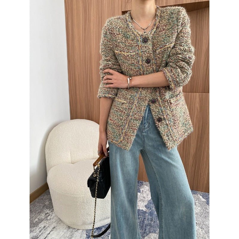 Damen gemütliche Strickjacke mit buntem Mustermix und Knopfdetails Drune