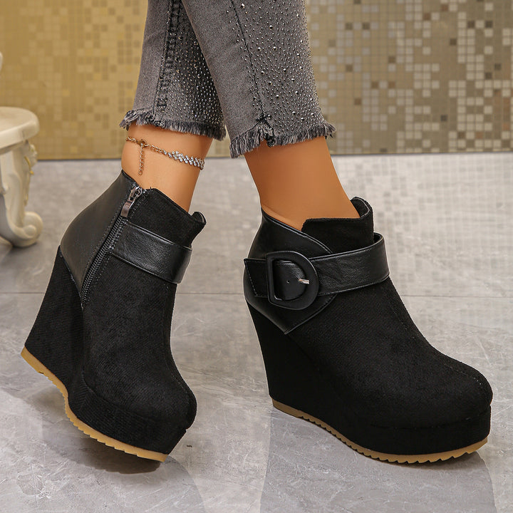Damen Modische Wedge Stiefeletten mit Reißverschluss und Schnallen-Detail Drune