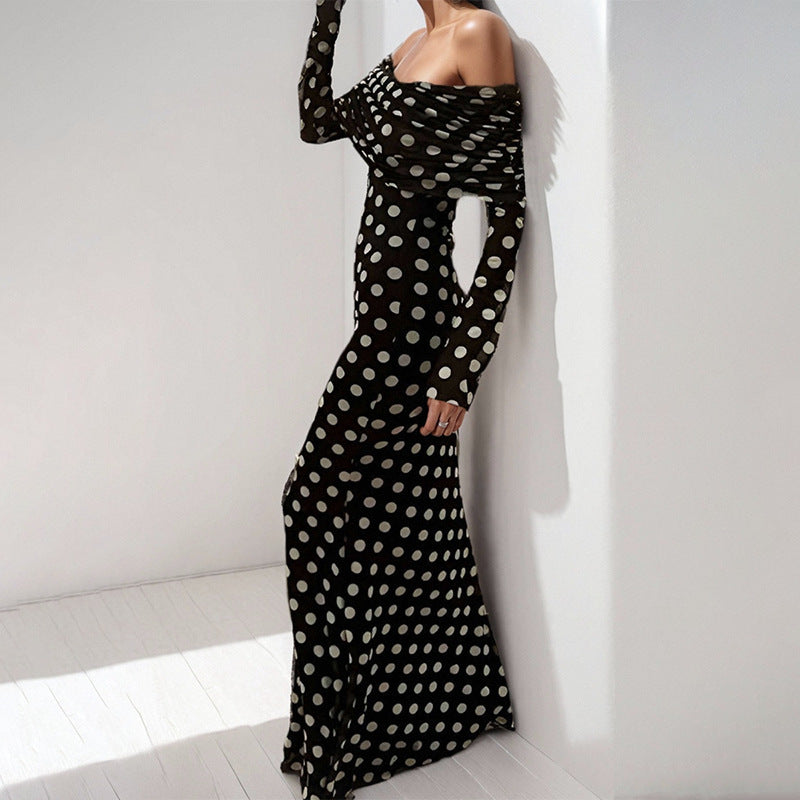 Damen Elegantes Maxikleid mit off-shoulder Design und modischem Polka-Dot-Muster Drune