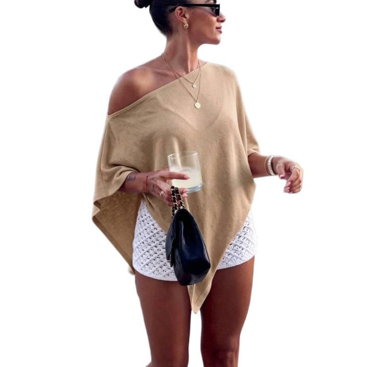 Damen Asymmetrisches Off-Shoulder Poncho-Top aus leichtem Strick Drune