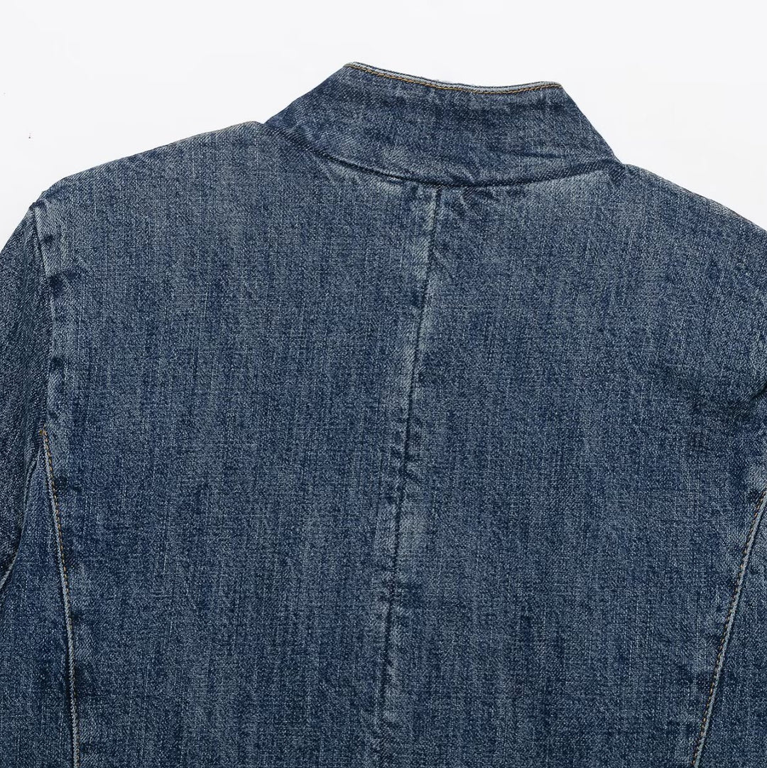 Damen Cropped Jeansjacke im Boxy-Cut mit Stehkragen und verdeckter Knopfleiste Drune