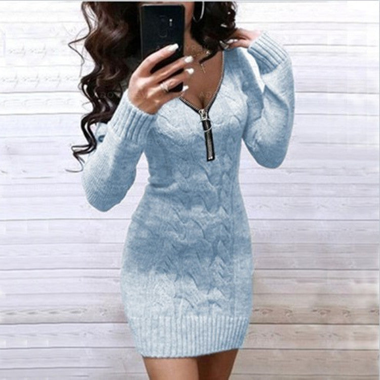 Damen Strickkleid mit tiefem V-Ausschnitt und dekorativem Reißverschluss Drune