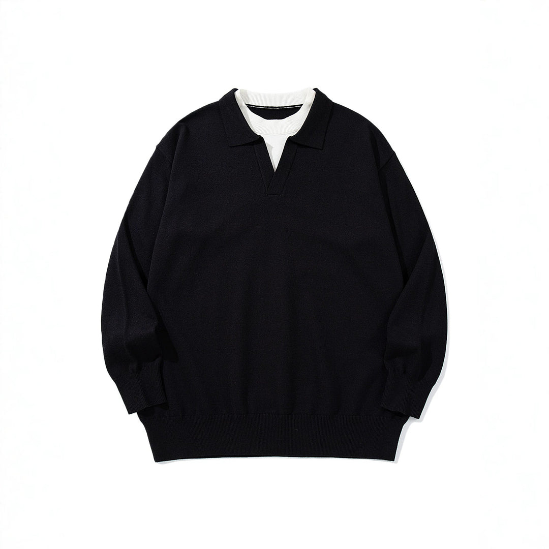 Unisex Feinstrick-Polo mit V‑Ausschnitt‑Cutout und integriertem Rollkragen-Layer Drune