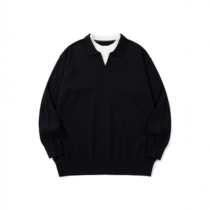 Unisex Feinstrick-Polo mit V‑Ausschnitt‑Cutout und integriertem Rollkragen-Layer Drune