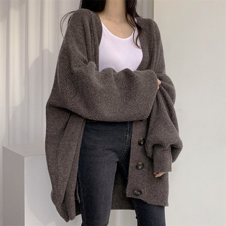Damen gemütlicher Oversized-Strickcardigan mit großen Knöpfen Drune