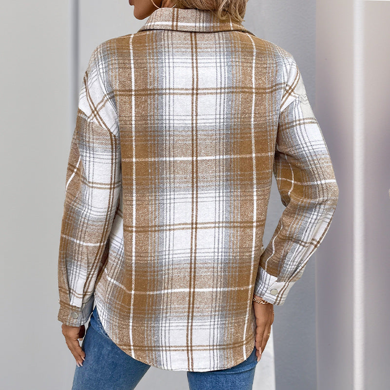 Damen Oversize-Karo-Halbzip-Hemdbluse aus Flanell mit aufgesetzter Brusttasche Drune