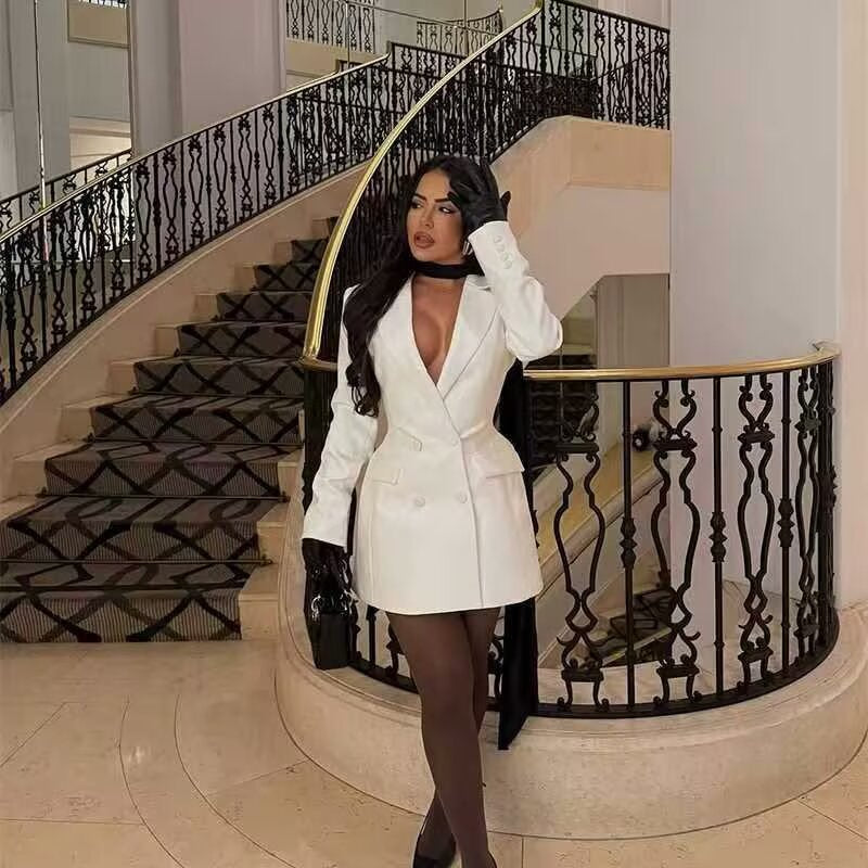 Damen Doppelreihiger Longline-Blazer mit Taillenabnähern und Pattentaschen Drune