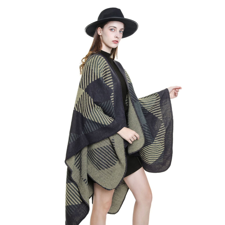Damen Umhangponcho aus Wollmix mit geometrischem Streifen-Jacquard und offener Kantennaht Drune