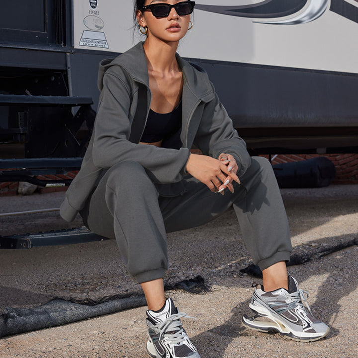 Damen Kapuzenjacke aus weichem Baumwollfleece im Oversize-Schnitt mit Kängurutaschen Drune