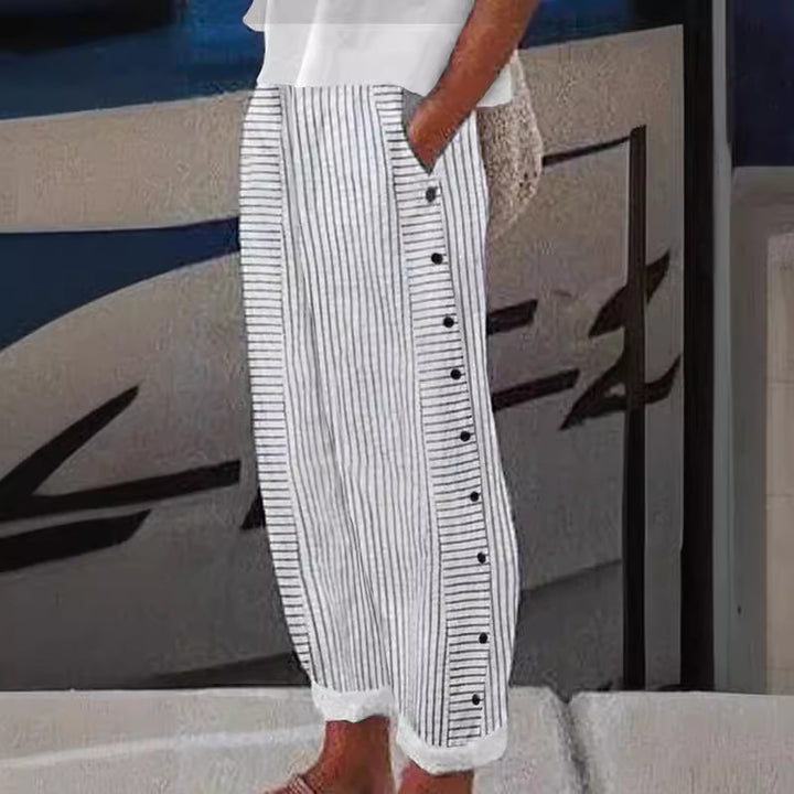 Damen Leichte Gestreifte Hose mit Seitlichen Knopfverschluss und Elastischem Bund Drune
