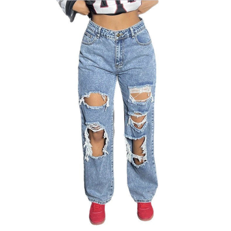 Damen Hochtaillierte Destroyed Baggy-Jeans mit weitem Bein und Knie‑Rips Drune