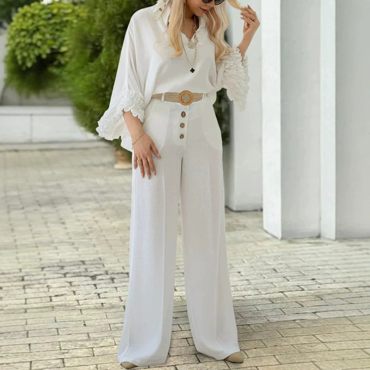 Damen Hochtaillierte Palazzo-Hose mit Knopfblende und Eingrifftaschen Drune