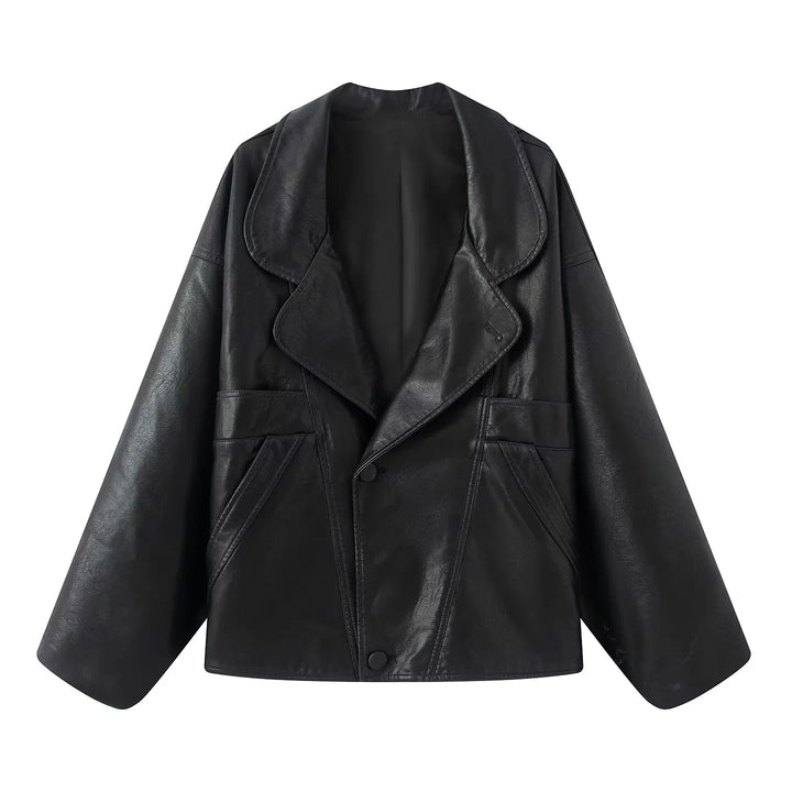 Damen nan kastiger Lederimitat-Blouson mit überlappendem Schalkragen und diagonal eingesetzten Taschen Drune