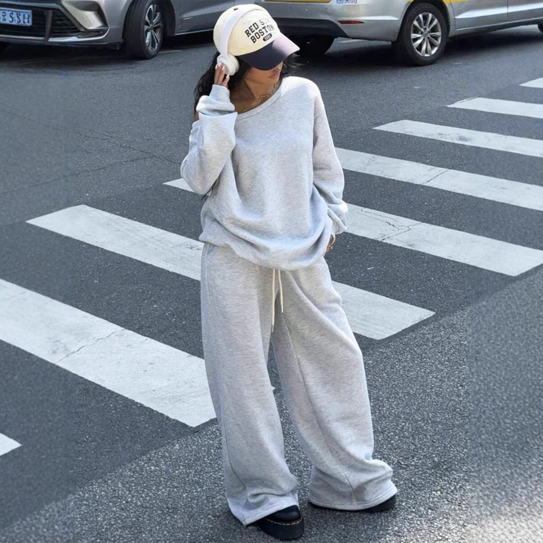 Damen Oversize Off-Shoulder Lounge-Set mit weitem Sweater und Palazzo-Jogger Drune