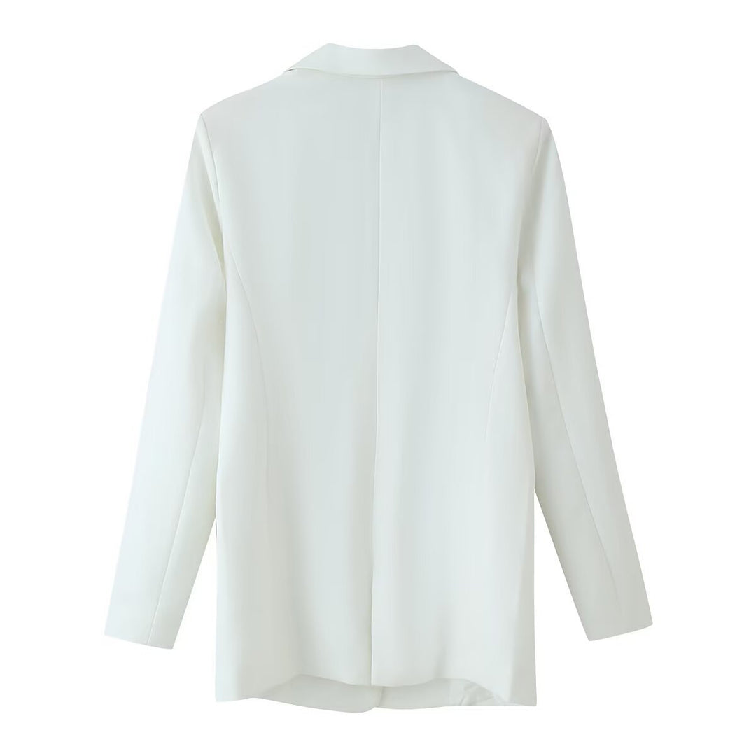 Damen Longline-Doppelreiher Blazer mit markanten Revers und goldenen Zierknöpfen Drune