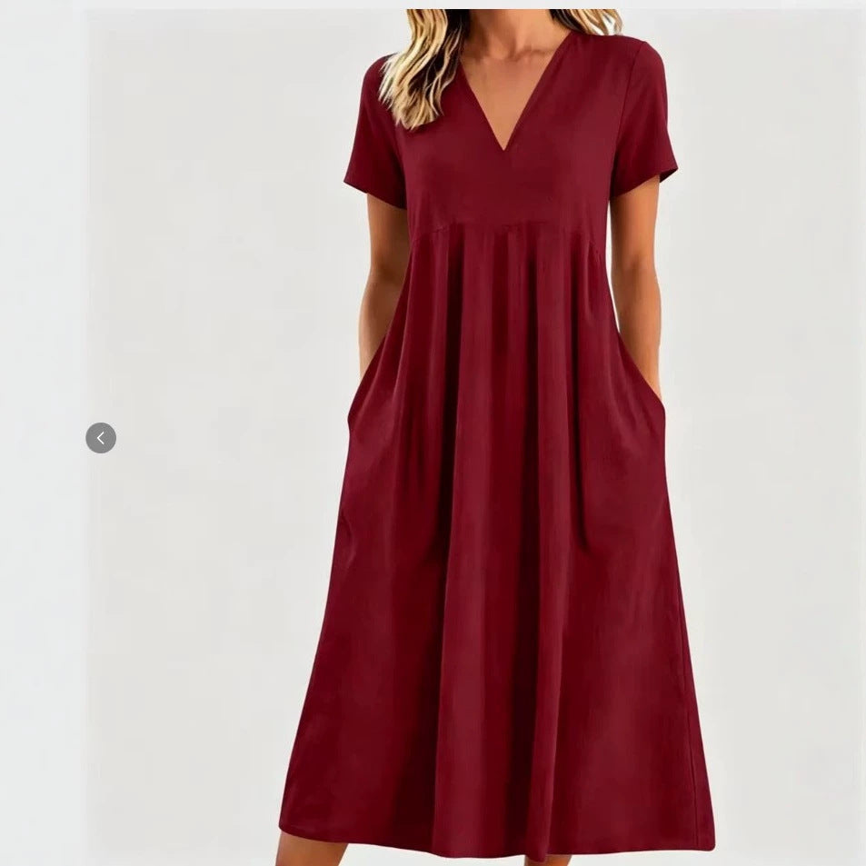 Damen nan legeres V-Ausschnitt-Midikleid mit Eingrifftaschen und geraffter Empirenaht Drune
