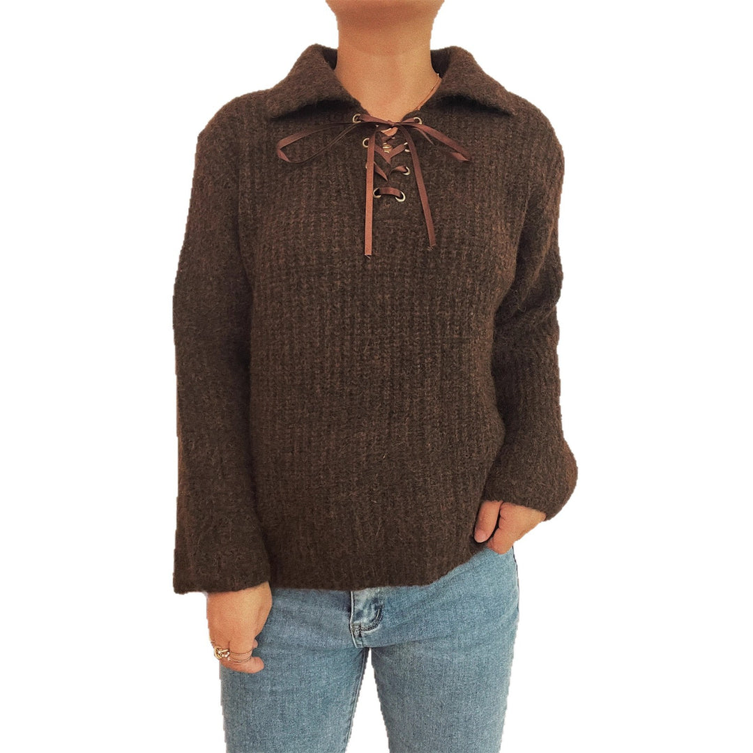 Damen lässiger Strickpullover mit dekorativem Schnürdetail und breiten Ärmel Drune