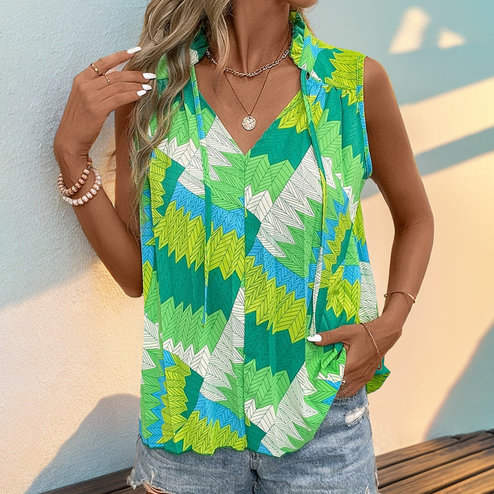 Damen ärmelloses Blusenshirt mit modernem Knotendesign und lebhaftem Muster Drune