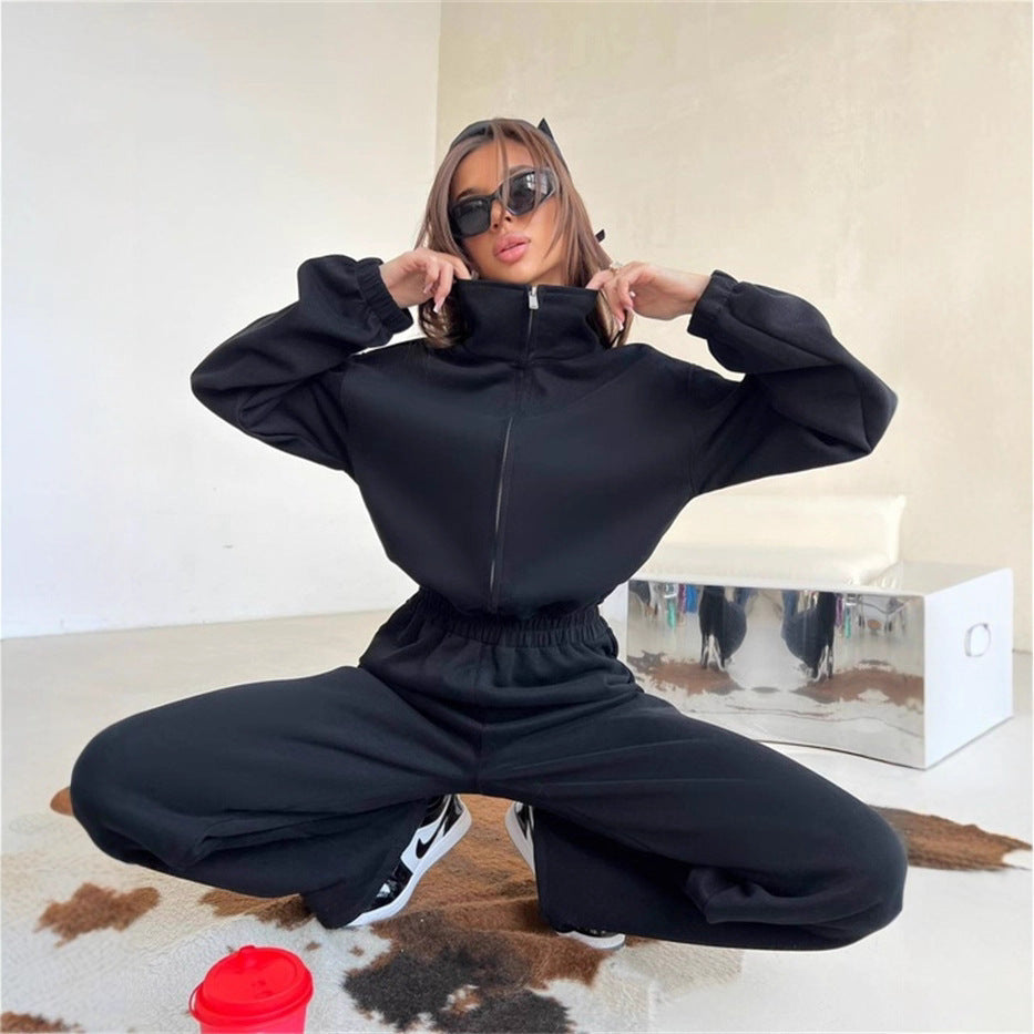 Damen Relaxed-Loungewear-Set mit Halbzip-Stehkragen und hochtaillierter Weitbein-Jogginghose Drune