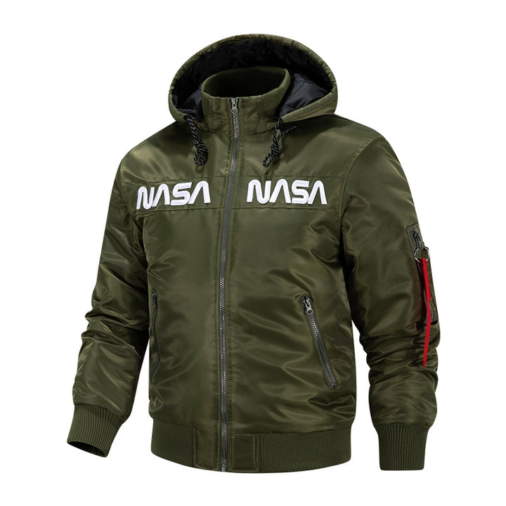 Herren  Kapuzen glänzende Mikroschalen Astronaut-inspirierte Bomberjacke mit gesteppter thermischer Fütterung und Ärmeltasche Drune