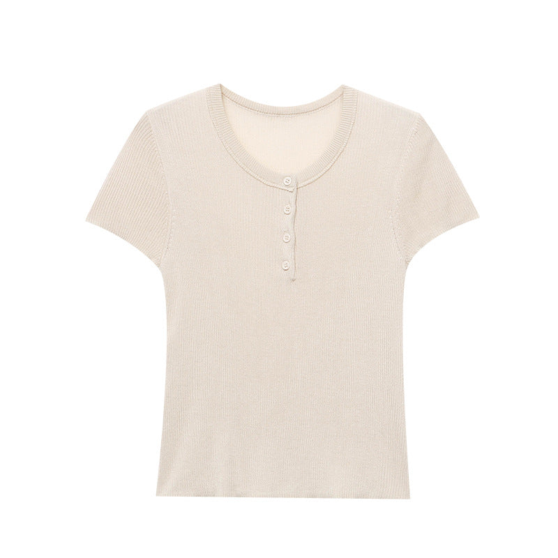 Damen kurzarm Henley-Oberteil mit feiner Rippstruktur Drune