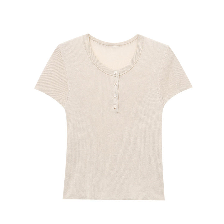 Damen kurzarm Henley-Oberteil mit feiner Rippstruktur Drune