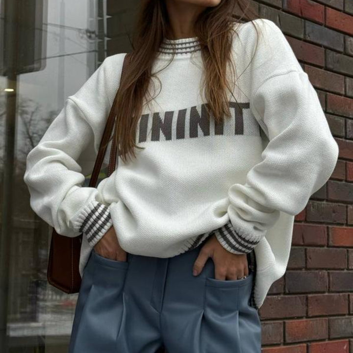 Damen lässiger Sweatpullover mit modischem Schriftzug und gestreiften Bündchen
